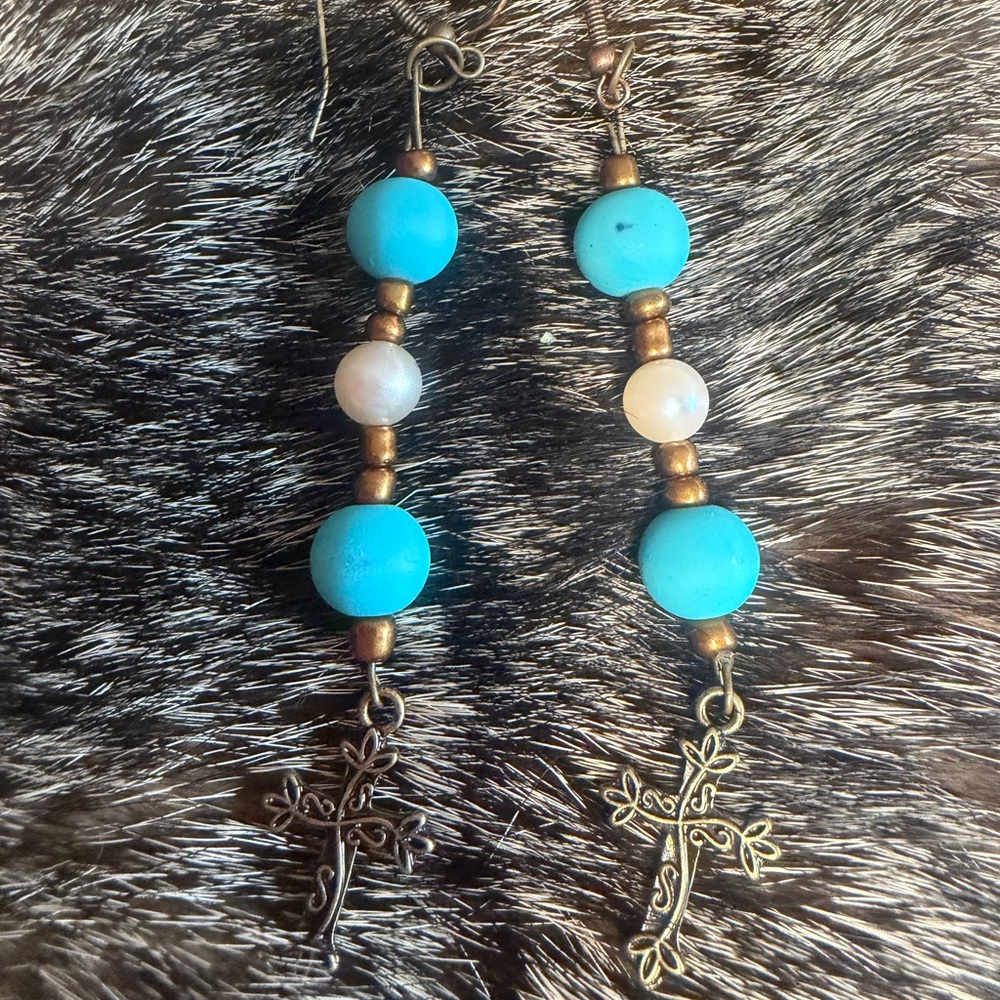 Turquoise and Gold Cross Dangle Earrings